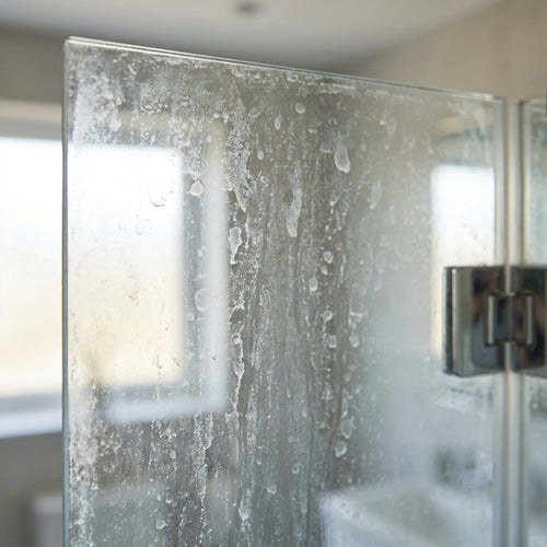 Hard-water limescale streaks on a shower glass panel