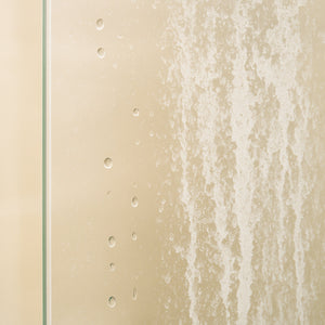 Hard-water limescale streaks on a shower glass panel