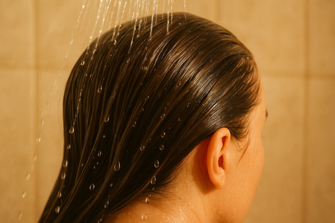 Wet hair and scalp under gentle shower water