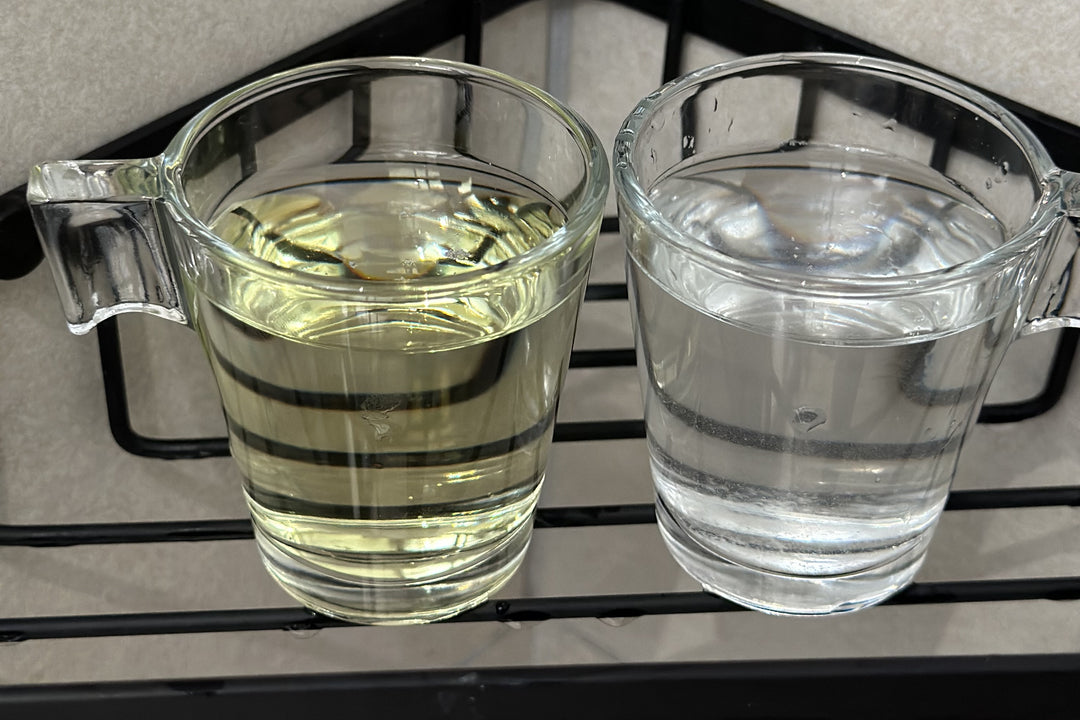 Two glasses of shower water with OTO chlorine reagent added: unfiltered water on the left has turned yellow, water filtered through the PICKI NIKI shower head on the right stays clear.
