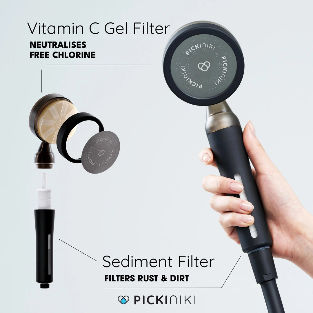 PICKI NIKI Filtered Shower Head in Black with Vitamin C Gel Filter