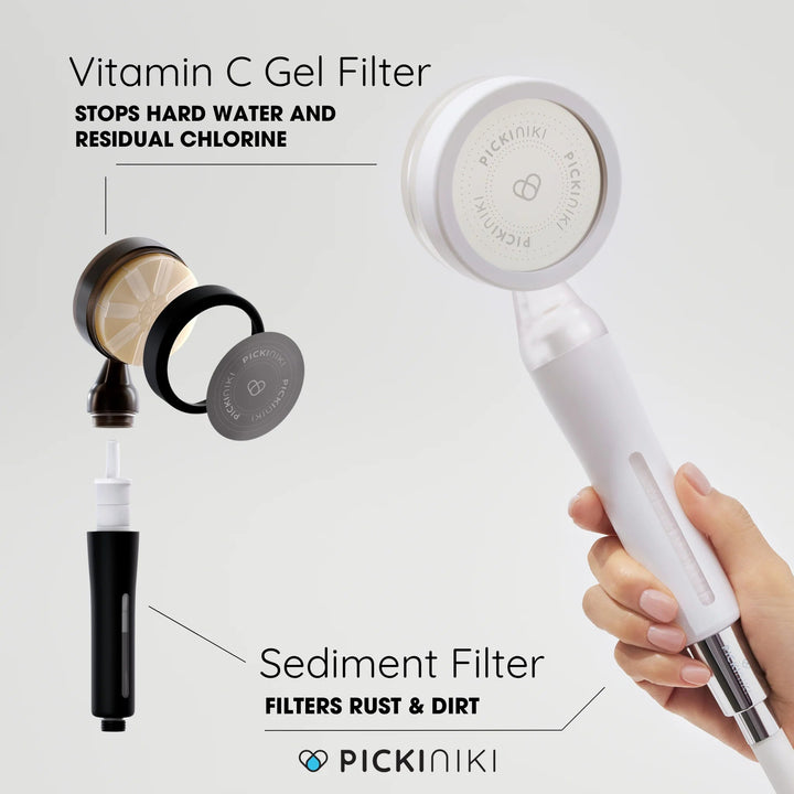 PICKI NIKI Filtered Shower Head in White with Vitamin C Gel Filter