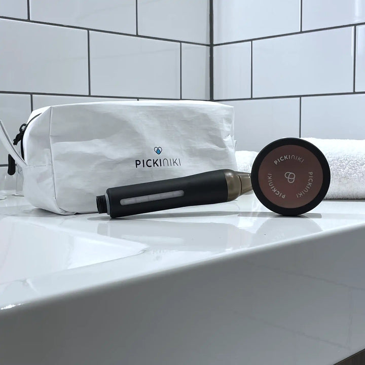 PICKI NIKI Travel Pouch with Filtered Shower Head packed inside