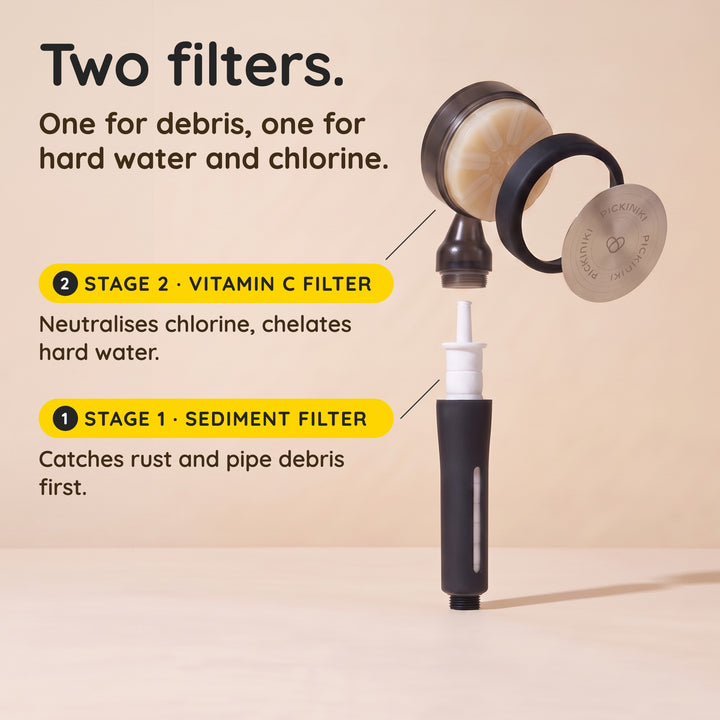 Two filters: Stage 1 sediment filter in the handle, Stage 2 vitamin C filter in the head