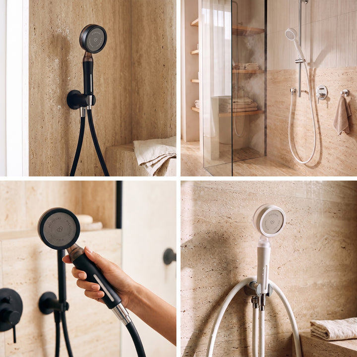 PICKI NIKI filtered shower head installed in the bathroom: black and white on wall holder, slide rail and in hand