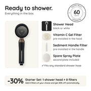 Everything in the box: shower head, vitamin C gel filter, sediment handle filter, spare spray plate