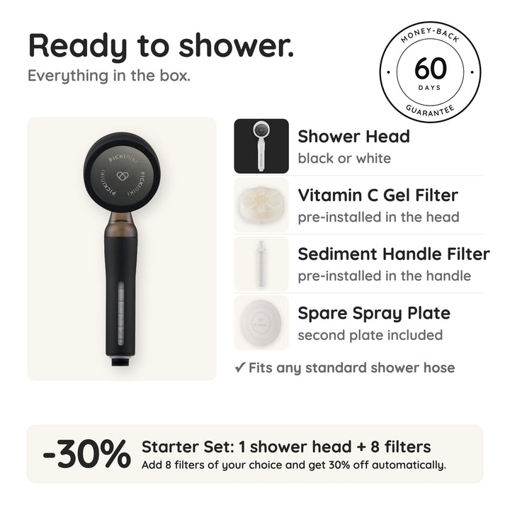 Everything in the box: shower head, vitamin C gel filter, sediment handle filter, spare spray plate