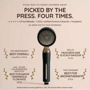 PICKI NIKI filtered shower head: Best Overall (The Independent, IndyBest 2025), Best for Water Hardness & Flow Rate (Good Housekeeping Institute 2026), Best for Aromatherapy (The Standard 2026), HELLO! favourite hair & scalp saviour 2026
