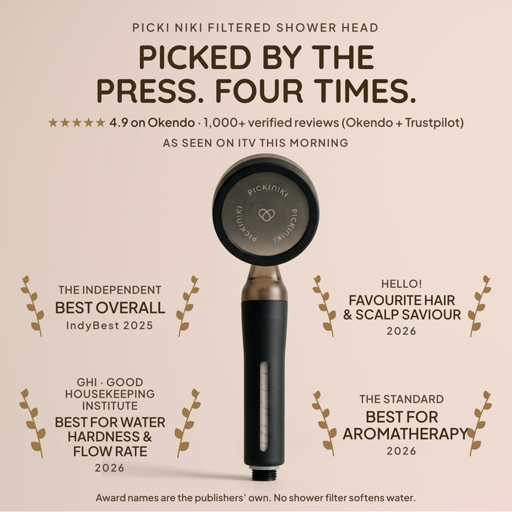 PICKI NIKI filtered shower head: Best Overall (The Independent, IndyBest 2025), Best for Water Hardness & Flow Rate (Good Housekeeping Institute 2026), Best for Aromatherapy (The Standard 2026), HELLO! favourite hair & scalp saviour 2026