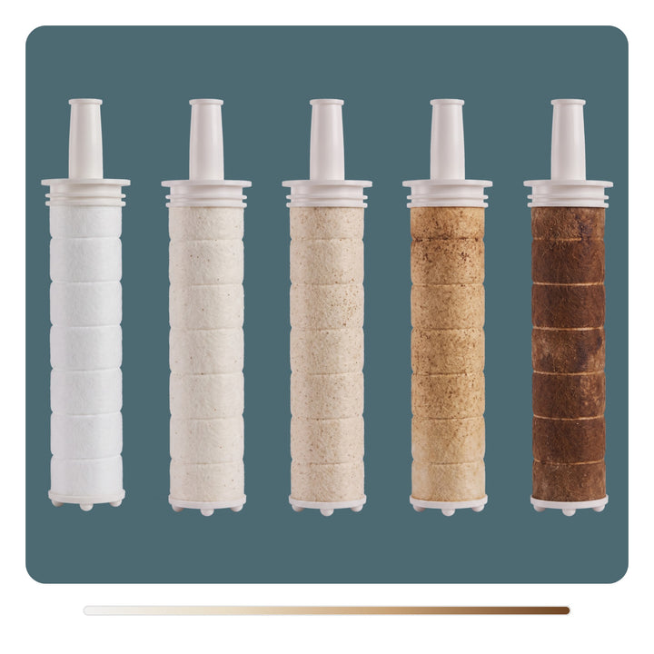 Five sediment filter cartridges from new to ready for replacement