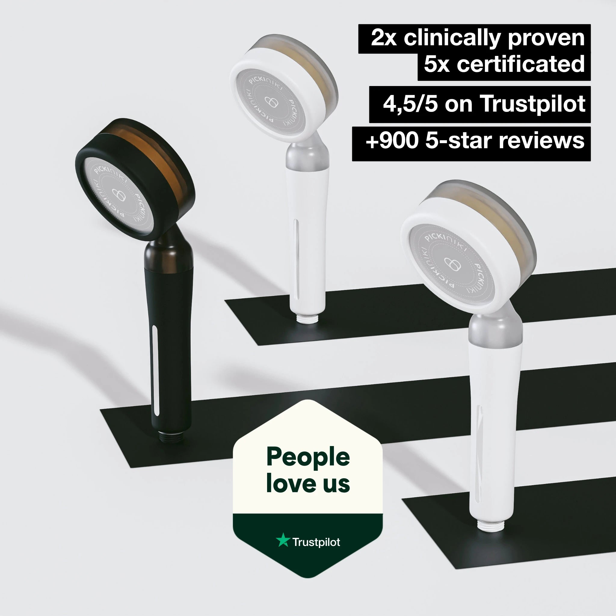 PICKI NIKI filtered shower head – clinically proven, 5x certified, rated 4.5/5 on Trustpilot with 600+ five-star reviews. Trusted for cleaner, healthier showers.