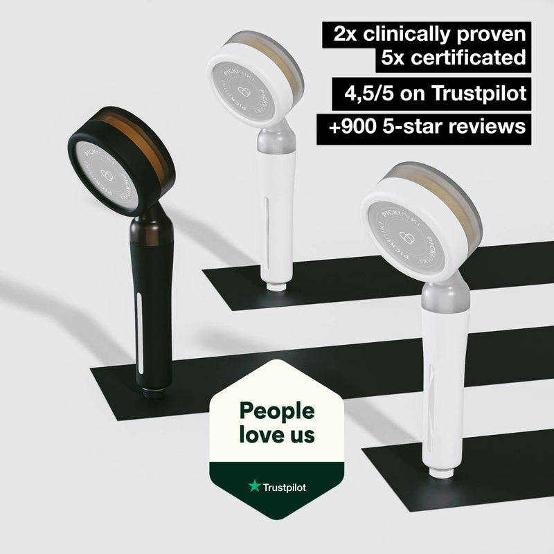 PICKI NIKI filtered shower head – clinically proven, 5x certified, rated 4.5/5 on Trustpilot with 600+ five-star reviews. Trusted for cleaner, healthier showers.