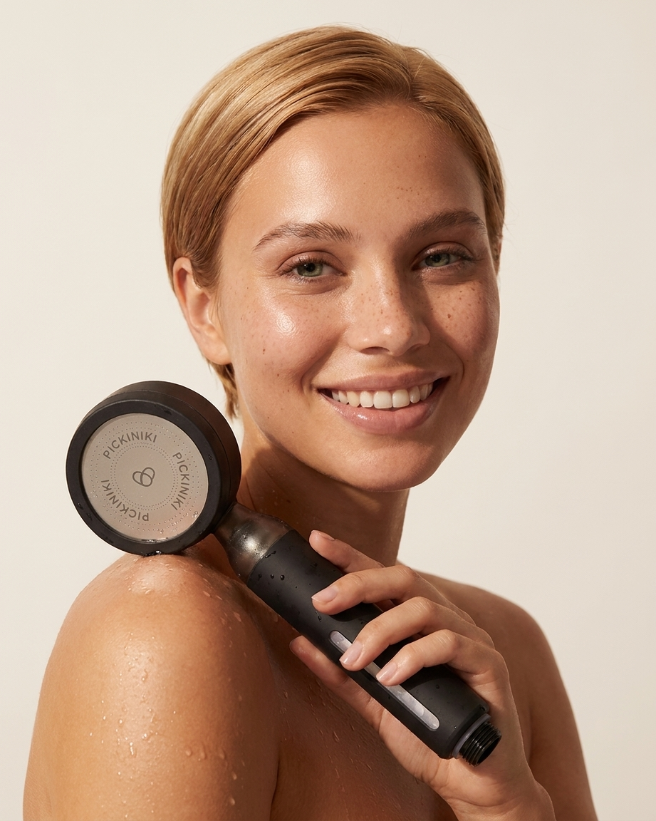 Woman with fresh post-shower glow holding the filter shower head