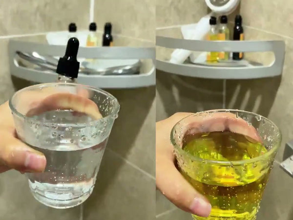 Chlorine test reagent in two glasses of shower water: filtered through the PICKI NIKI vitamin C filter (clear) and unfiltered (yellow)