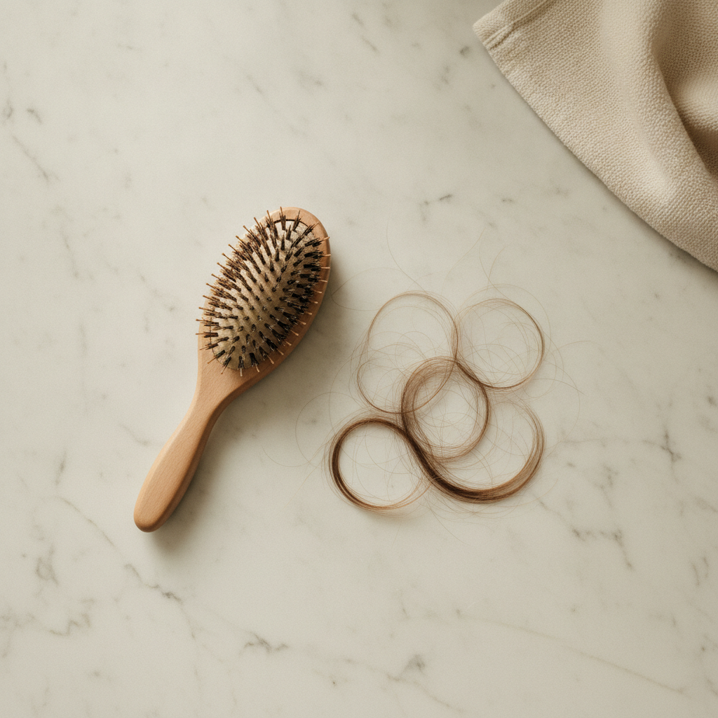 Hairbrush with shed strands in warm morning light