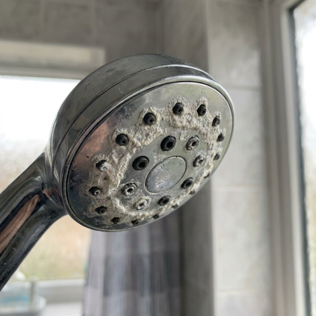 Limescale-crusted chrome shower head caused by hard water