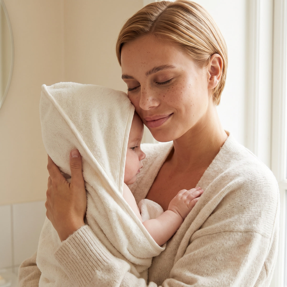 Mother cuddling her baby wrapped in a hooded towel after bath time