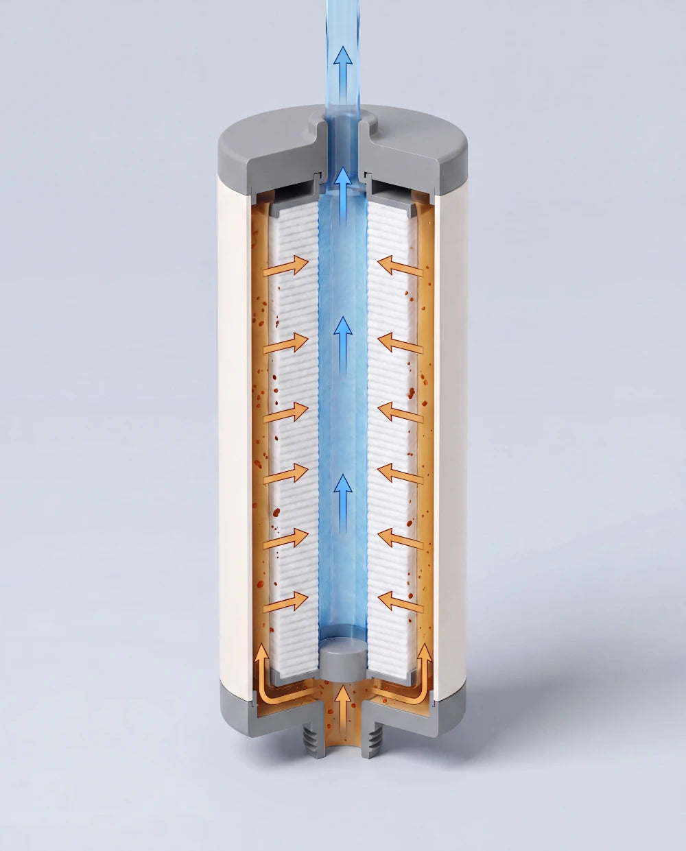 Cutaway diagram of the PICKI NIKI sediment filter and water flow